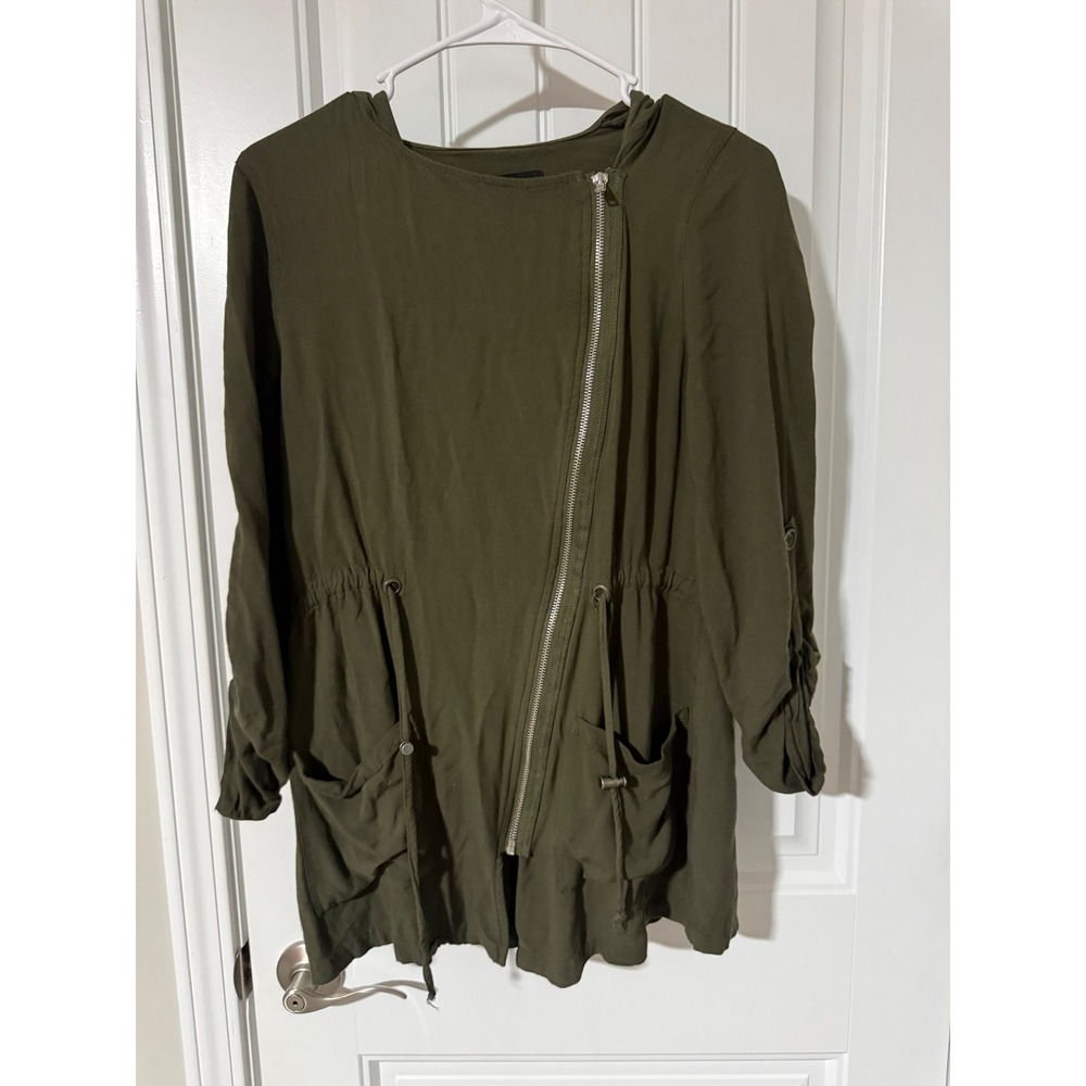 Love Tree Olive Green Asymmetric Zip Utility Jacket Hooded Small